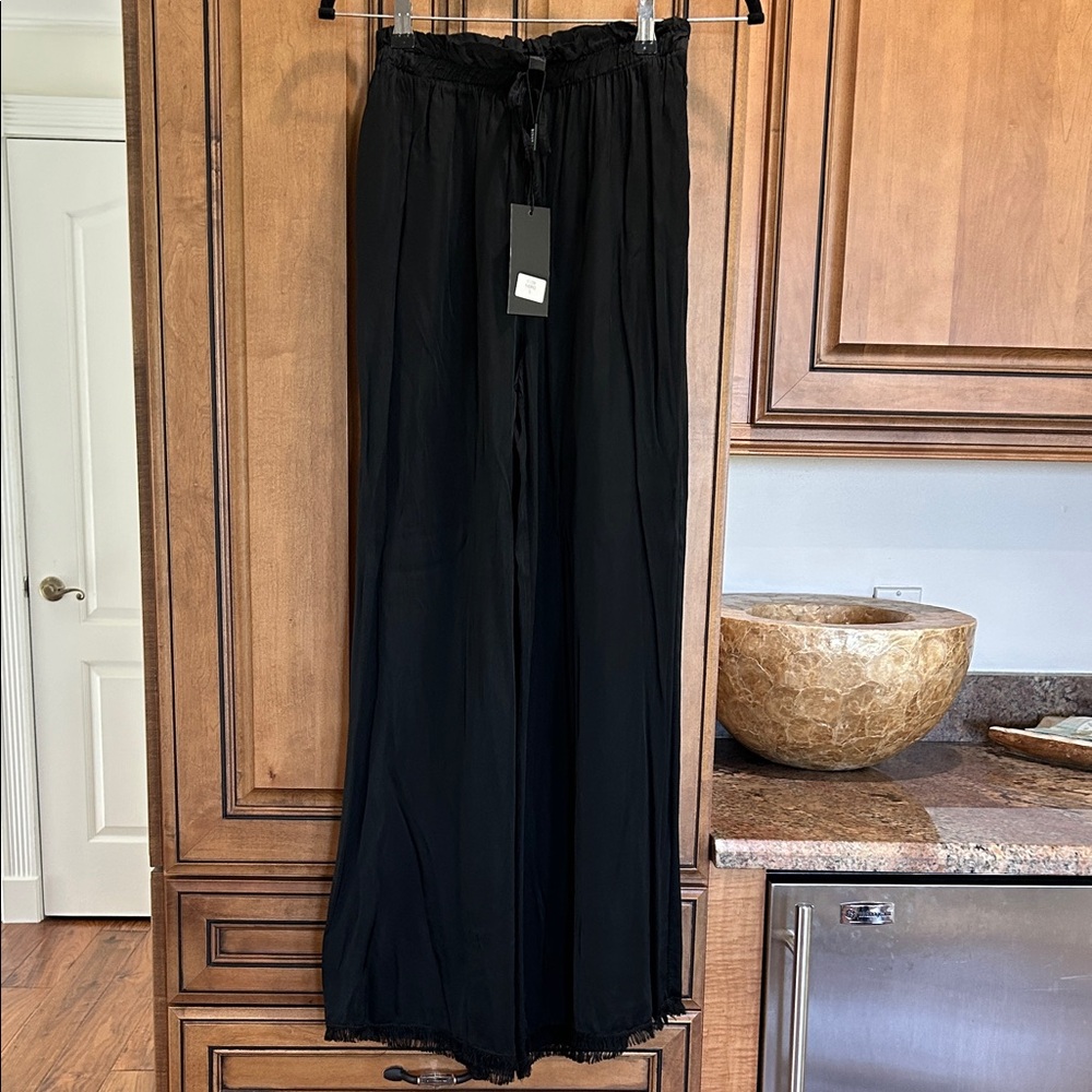 Wide Leg Black Women's Pants - Drawstring Waist with pockets